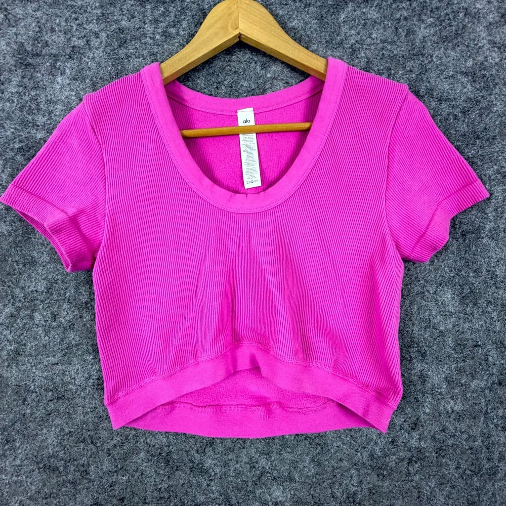 Alo Cropped Top Womens Large Pink Seamless Ribbed Serene Short Sleeve Scoop Neck